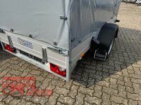 Aussteller Saris McAlu Pro DV135 Alu Tieflader - Anhänger gebremst mit Reling mit Hochplane SP-Line mit ÖKO Schräge