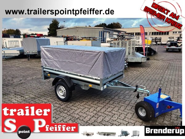 Brenderup 1205 SUB 750 " Der neue Kippi " - ABKLAPPBARE ZUGDEICHSEL / VERTIKAL ABSTELLEN mit LAUBGITTERAUFSATZ 50 CM und Hoch- / Flachplane